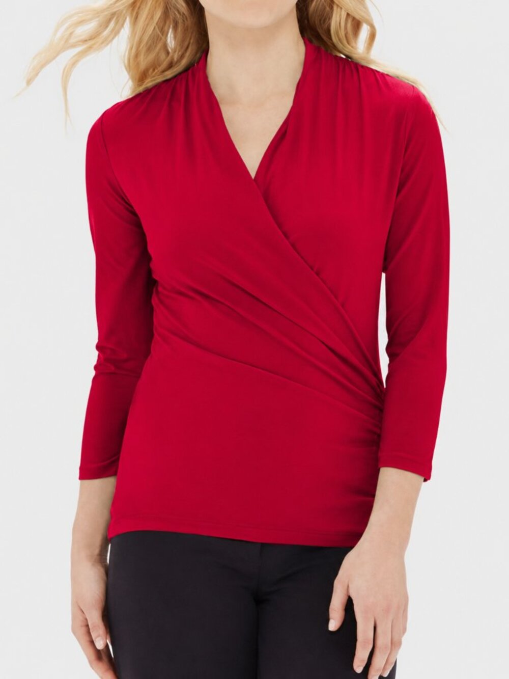 THE LIMITED (S) Red Drapey Wrap Look Top 3/4 Sleeve Blouse V-Neck Ruched Fitted
